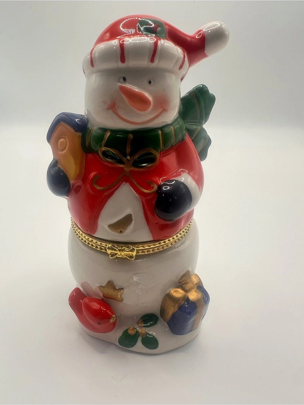 Greenbrier Porcelain Snowman W/birdhouse & Cardinal Hinged Trinket Box